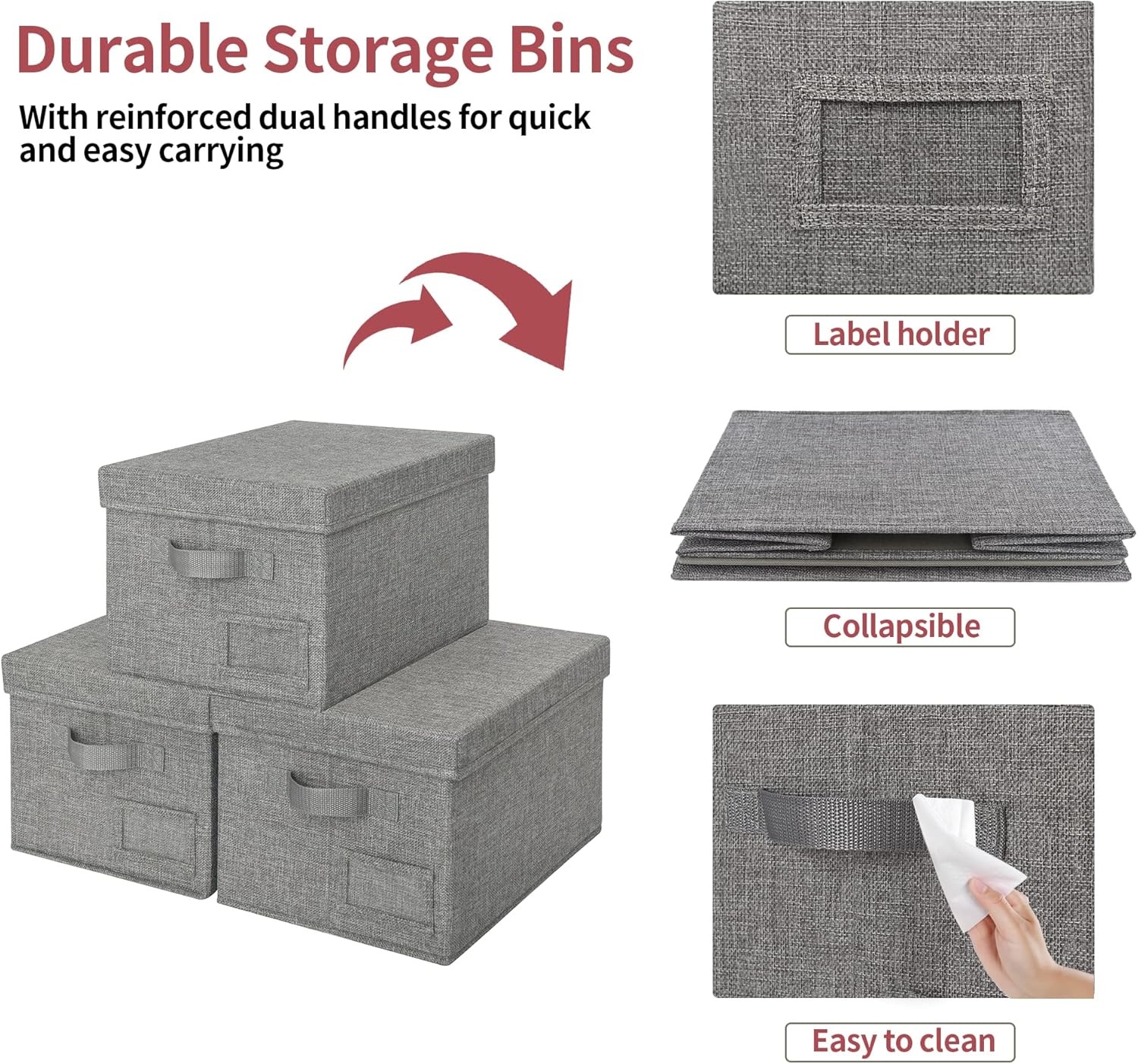 image:imageGRANNY SAYS Storage Basket with Lid Linen Fabric Storage Bins with Label Decorative Storage Boxes Clothes Storage and Organization Memory Keepsake Box 3Pack Medium KhakiampIvoryDark Gray