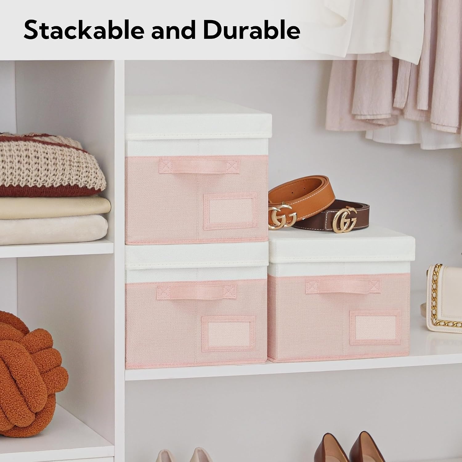 image:imageGRANNY SAYS Storage Basket with Lid Linen Fabric Storage Bins with Label Decorative Storage Boxes Clothes Storage and Organization Memory Keepsake Box 3Pack Medium KhakiampIvoryWhitePink