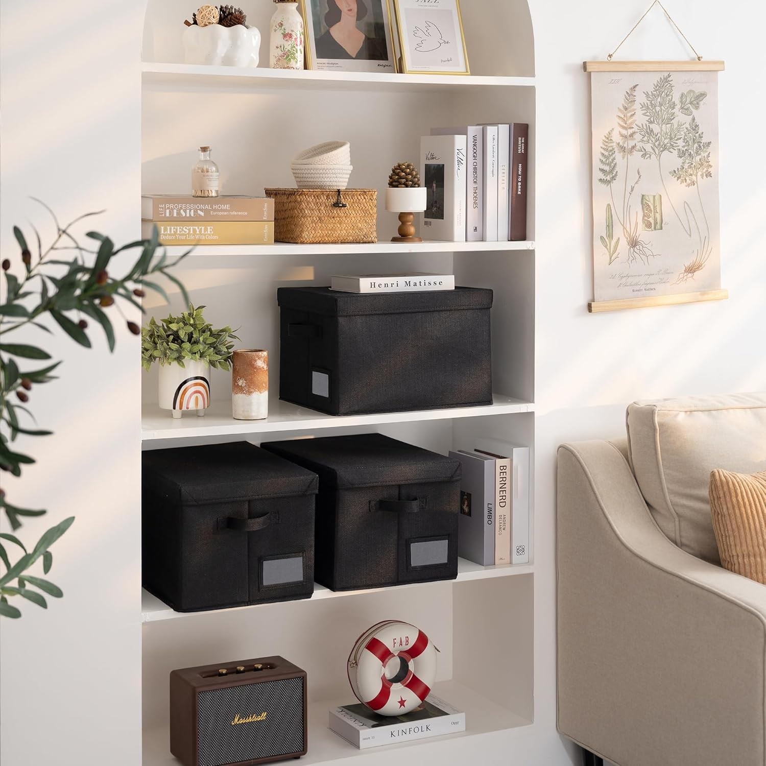 image:imageGRANNY SAYS Storage Basket with Lid Linen Fabric Storage Bins with Label Decorative Storage Boxes Clothes Storage and Organization Memory Keepsake Box 3Pack Medium KhakiampIvoryBlack