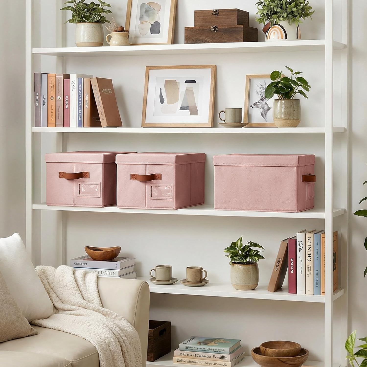 image:imageGRANNY SAYS Storage Basket with Lid Linen Fabric Storage Bins with Label Decorative Storage Boxes Clothes Storage and Organization Memory Keepsake Box 3Pack Medium KhakiampIvoryPinkBrown