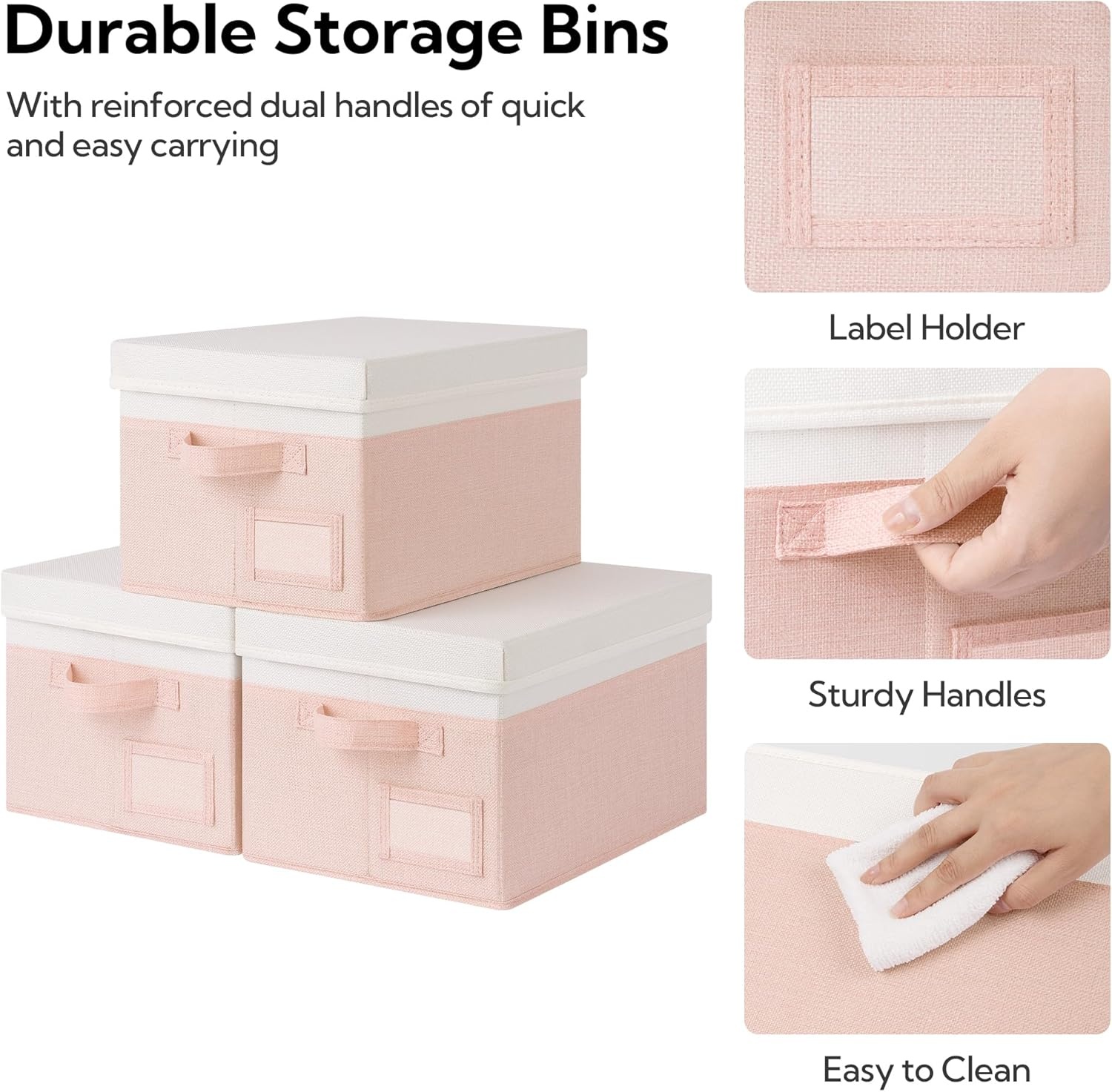 image:imageGRANNY SAYS Storage Basket with Lid Linen Fabric Storage Bins with Label Decorative Storage Boxes Clothes Storage and Organization Memory Keepsake Box 3Pack Medium KhakiampIvoryWhitePink
