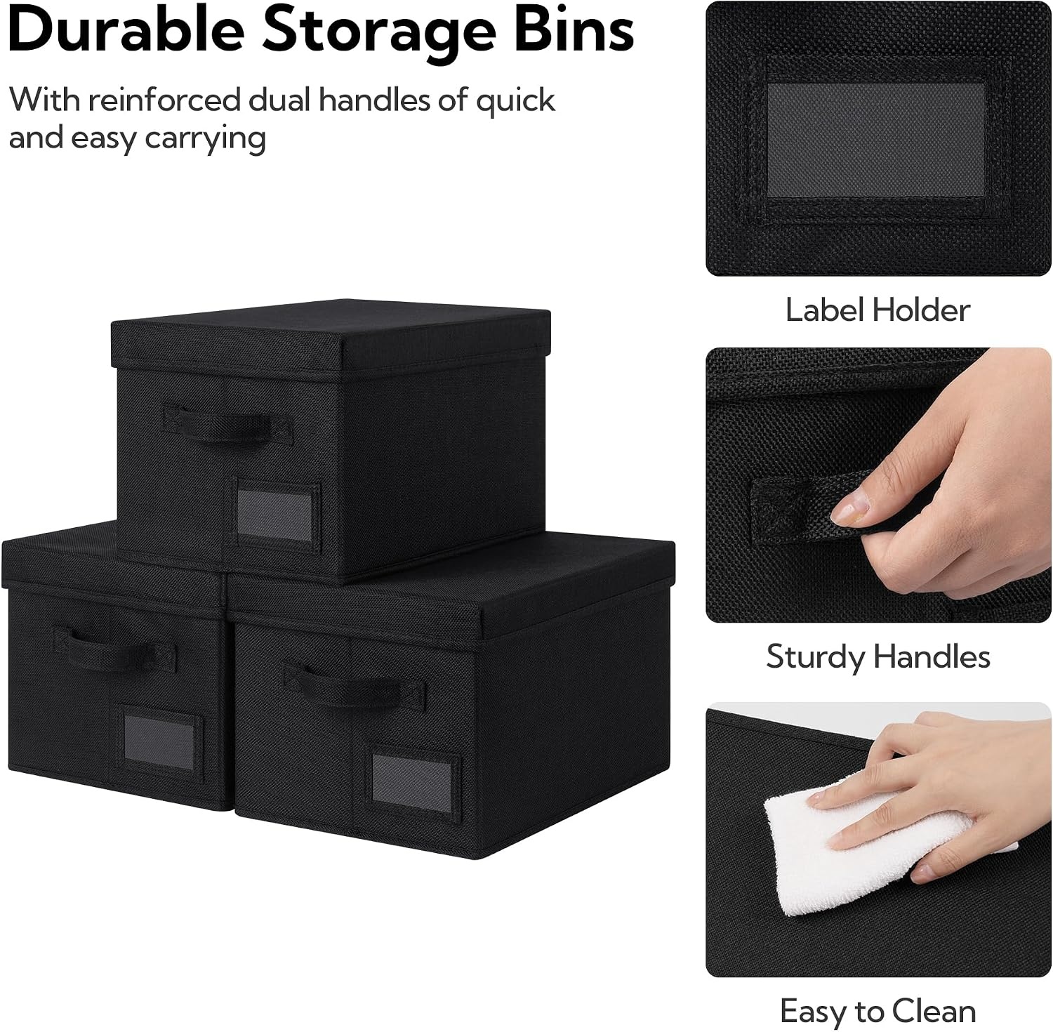 image:imageGRANNY SAYS Storage Basket with Lid Linen Fabric Storage Bins with Label Decorative Storage Boxes Clothes Storage and Organization Memory Keepsake Box 3Pack Medium KhakiampIvoryBlack