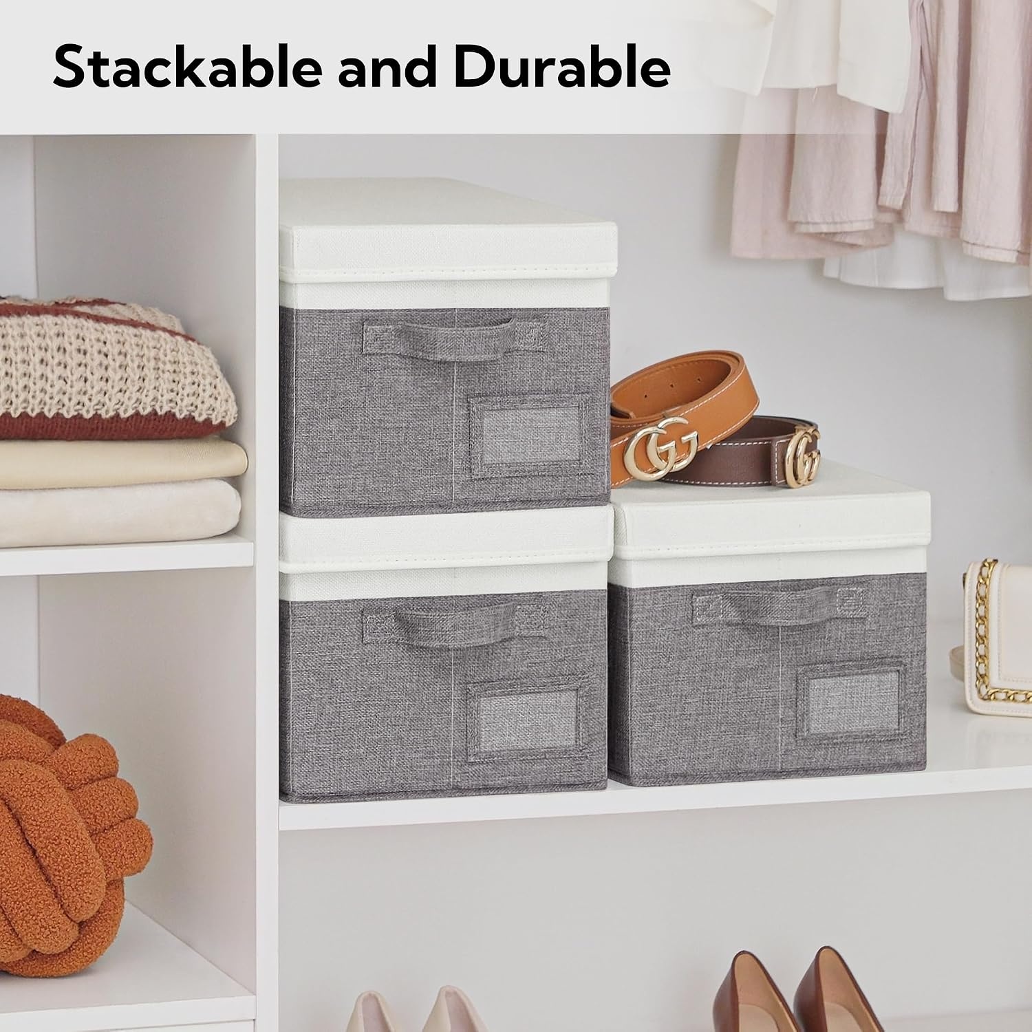 image:imageGRANNY SAYS Storage Basket with Lid Linen Fabric Storage Bins with Label Decorative Storage Boxes Clothes Storage and Organization Memory Keepsake Box 3Pack Medium KhakiampIvoryWhiteGray
