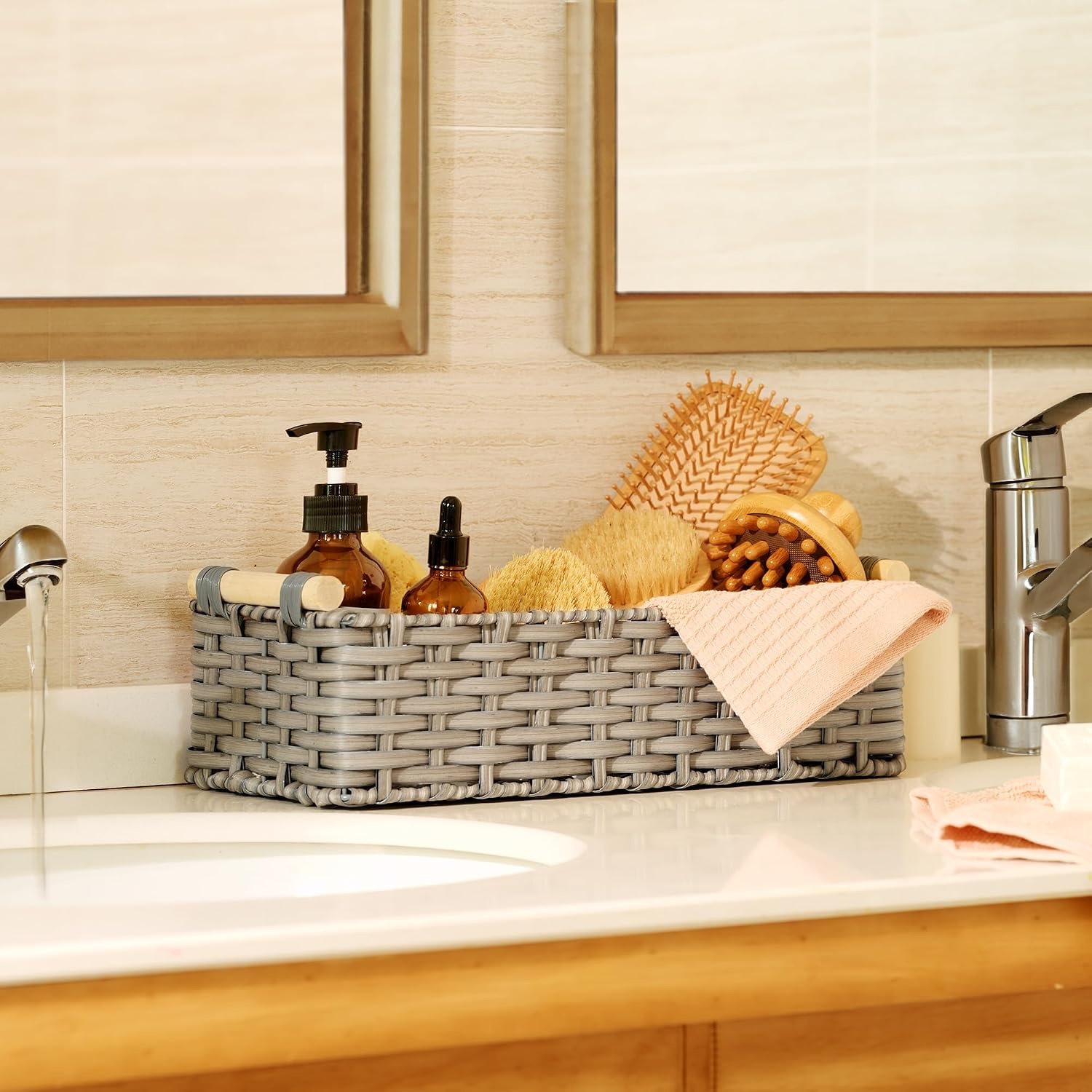 image:imageGRANNY SAYS Wicker Baskets for Storage Wicker Baskets for Shelves Waterproof Toilet Tank Topper Toilet Paper Basket for Back of Toilet Gray