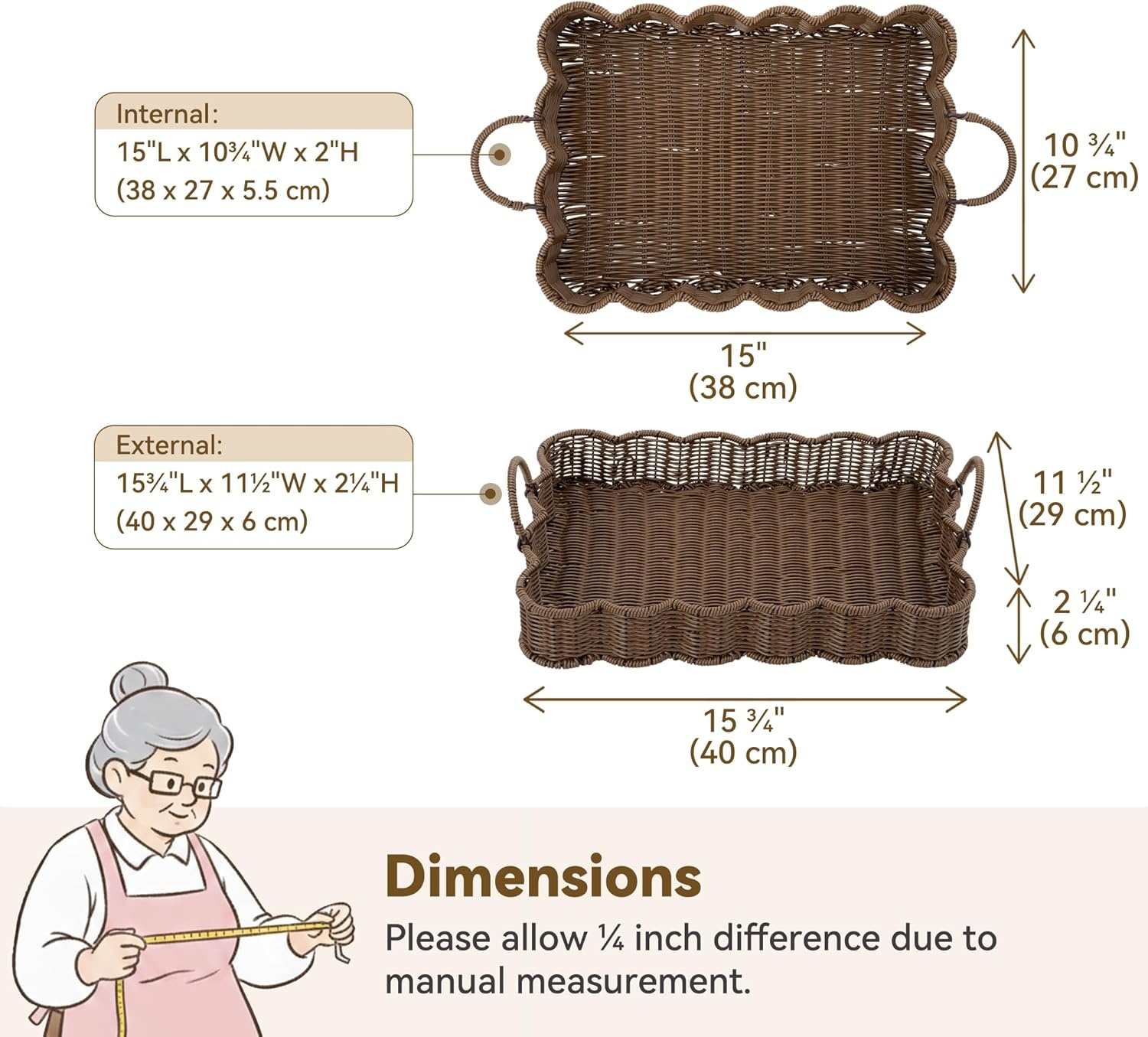 image:imageGRANNY SAYS Wicker Decorative Scalloped Trays for Home Decor Coffee Table Trays with Handles Woven Rattan Tray for Kitchen Counter Round Serving Tray Decor for Living Room and OttomanBrown