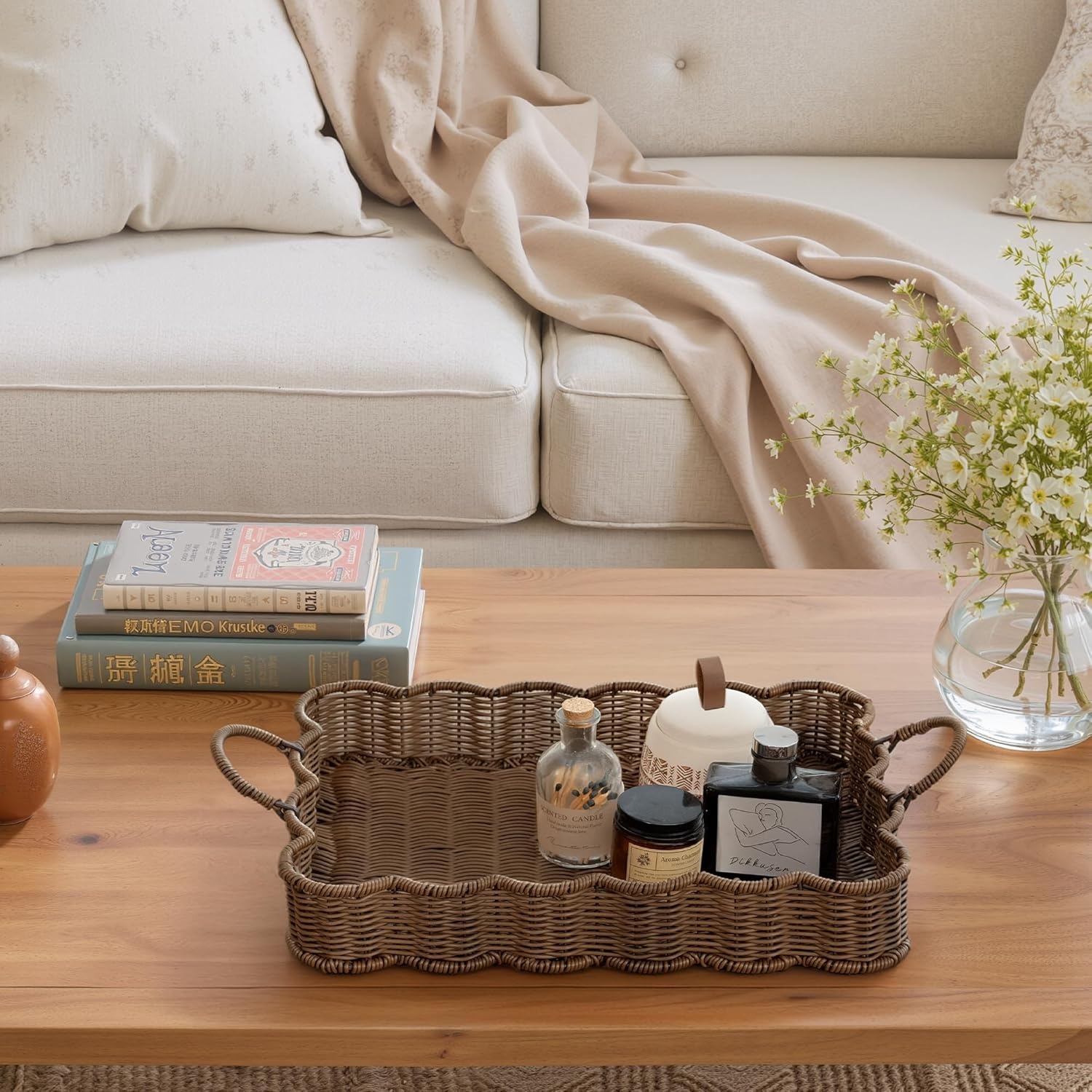 image:imageGRANNY SAYS Wicker Decorative Scalloped Trays for Home Decor Coffee Table Trays with Handles Woven Rattan Tray for Kitchen Counter Round Serving Tray Decor for Living Room and OttomanBrown