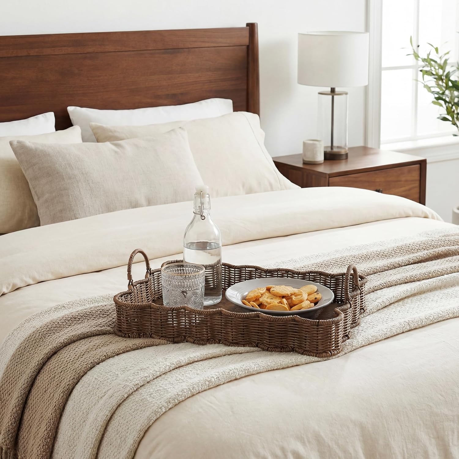 image:imageGRANNY SAYS Wicker Decorative Scalloped Trays for Home Decor Coffee Table Trays with Handles Woven Rattan Tray for Kitchen Counter Round Serving Tray Decor for Living Room and OttomanBrown