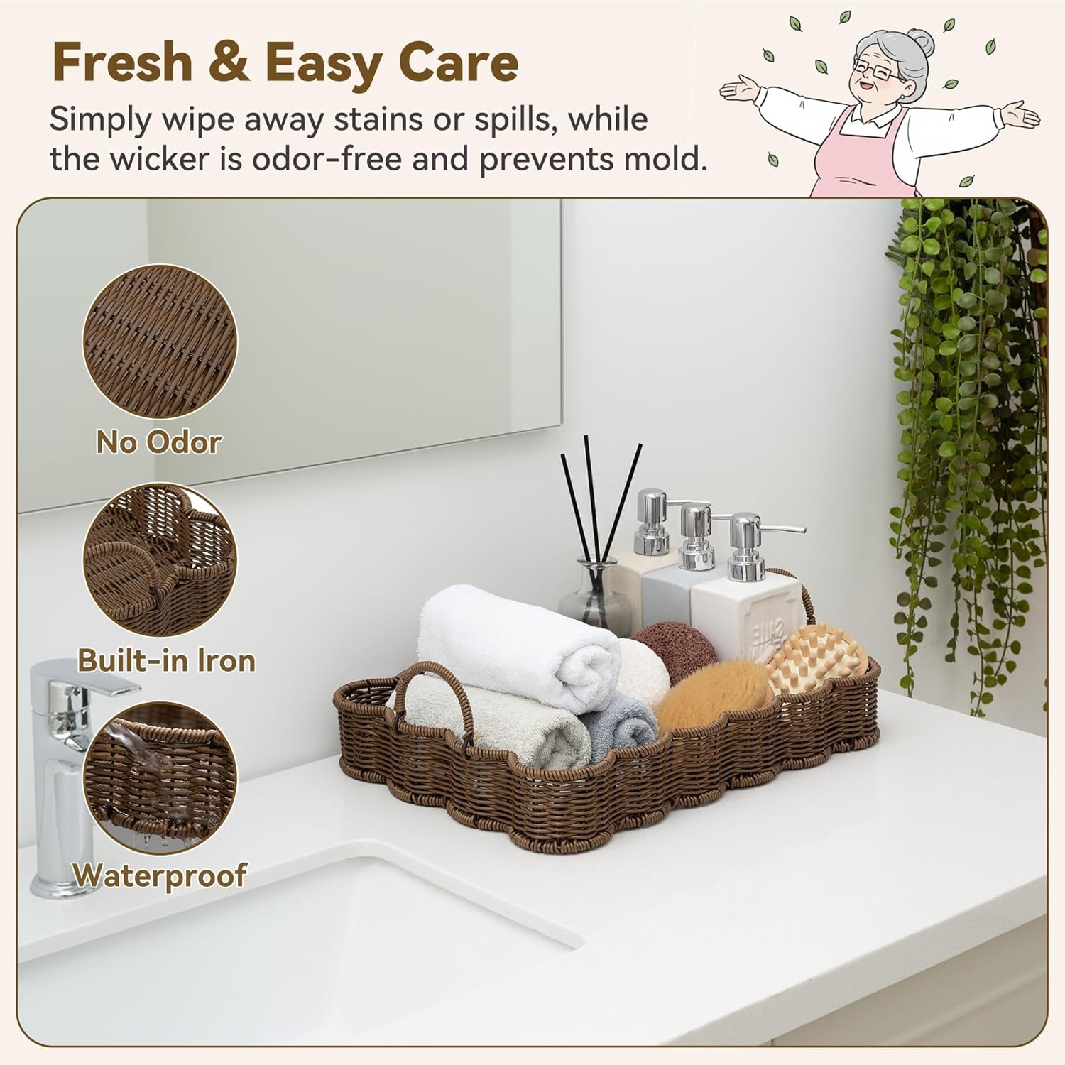 image:imageGRANNY SAYS Wicker Decorative Scalloped Trays for Home Decor Coffee Table Trays with Handles Woven Rattan Tray for Kitchen Counter Round Serving Tray Decor for Living Room and OttomanBrown
