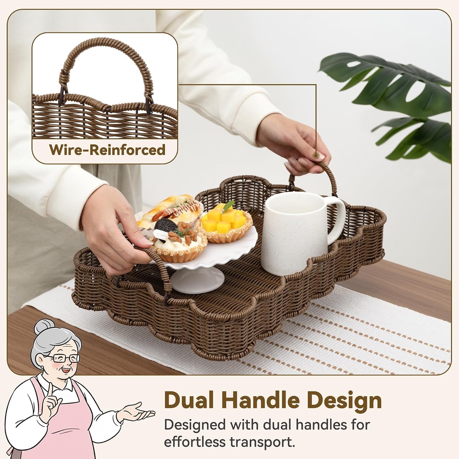 image:imageGRANNY SAYS Wicker Decorative Scalloped Trays for Home Decor Coffee Table Trays with Handles Woven Rattan Tray for Kitchen Counter Round Serving Tray Decor for Living Room and OttomanBrown
