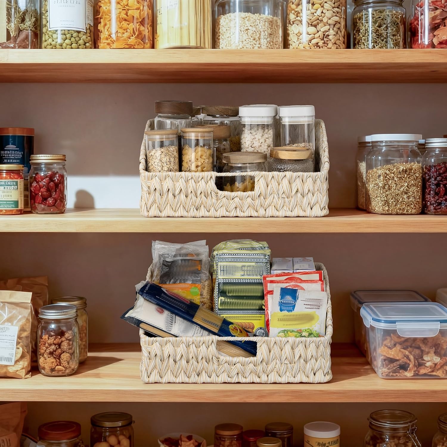 image:imageGRANNY SAYS Wicker Storage Baskets Waterproof Wicker Basket with Handles Trapezoid Woven Storage Bins for Organizing Decorative Basket Brown 2PackButter Milk