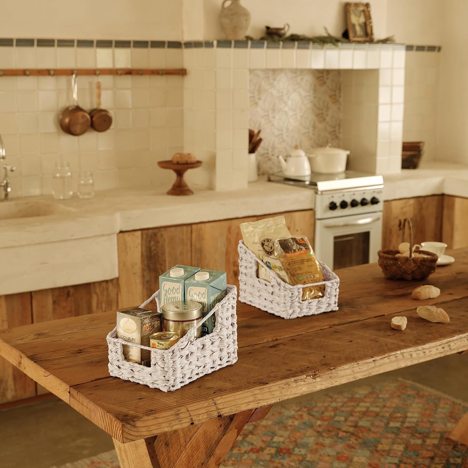 image:imageGRANNY SAYS Wicker Storage Baskets Waterproof Wicker Basket with Handles Trapezoid Woven Storage Bins for Organizing Decorative Basket Brown 2PackButter Milk