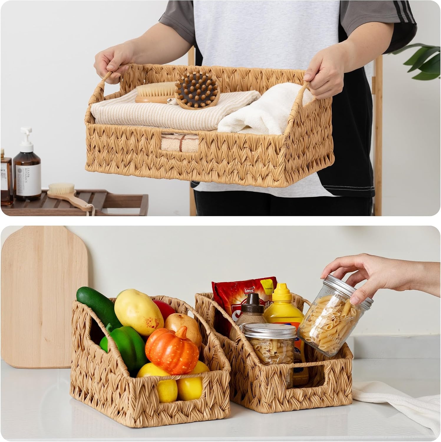 image:imageGRANNY SAYS Wicker Storage Baskets Waterproof Wicker Basket with Handles Trapezoid Woven Storage Bins for Organizing Decorative Basket Brown 2PackNatural