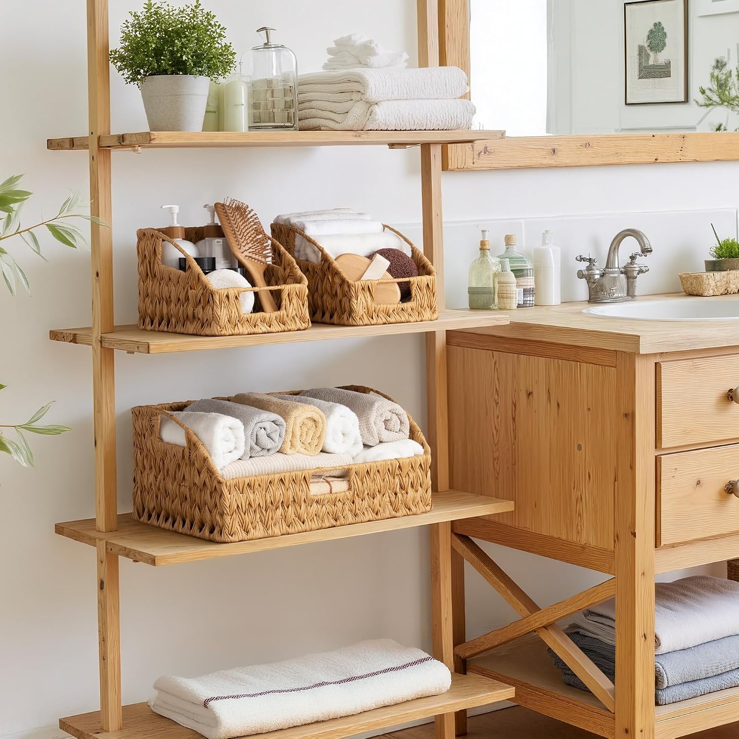 image:imageGRANNY SAYS Wicker Storage Baskets Waterproof Wicker Basket with Handles Trapezoid Woven Storage Bins for Organizing Decorative Basket Brown 2PackNatural
