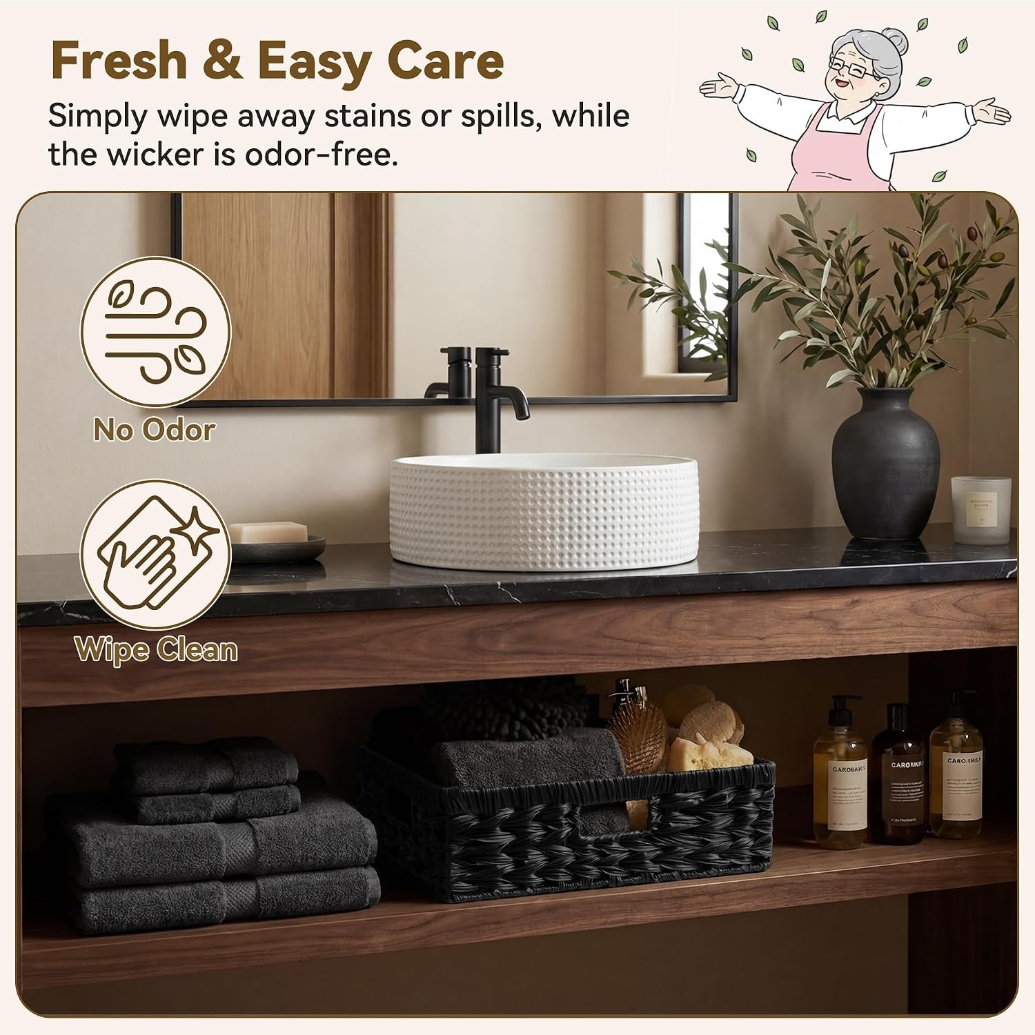 image:imageGRANNY SAYS Wicker Storage Baskets for Shelves Wicker Baskets for Organizing Waterproof Woven Basket for Pantry Rectangle Basket for Shelf Brown 2PackBlack