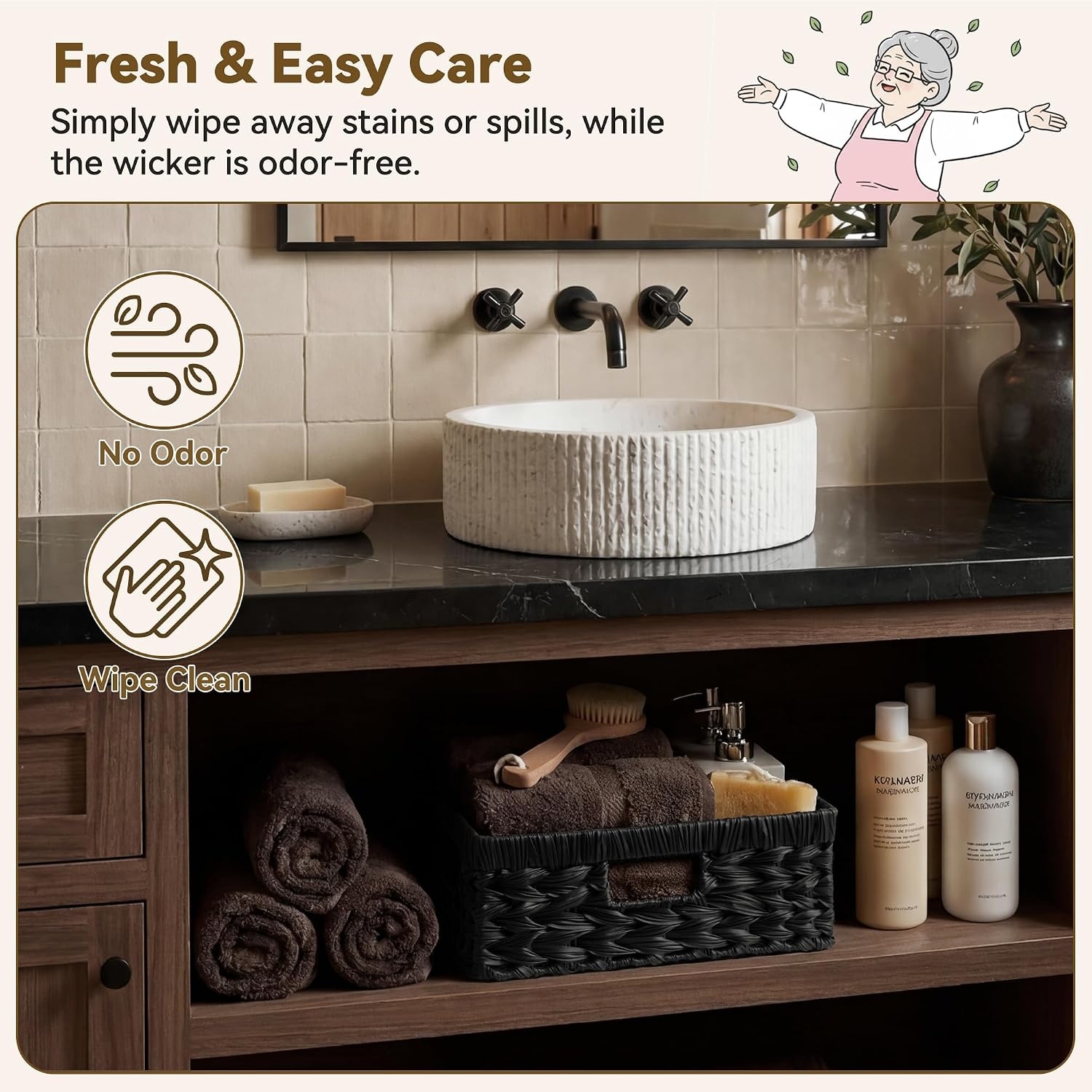 image:imageGRANNY SAYS Wicker Storage Baskets for Shelves Wicker Baskets for Organizing Waterproof Woven Basket for Pantry Rectangle Basket for Shelf Brown 2PackBlack