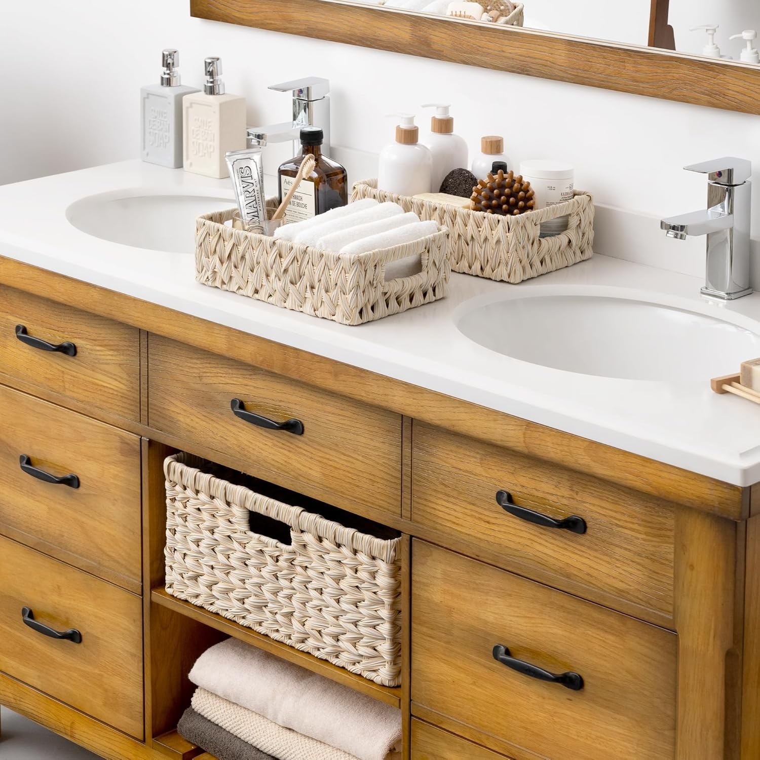 image:imageGRANNY SAYS Wicker Storage Baskets for Shelves Wicker Baskets for Organizing Waterproof Woven Basket for Pantry Rectangle Basket for Shelf Brown 2PackButter Milk