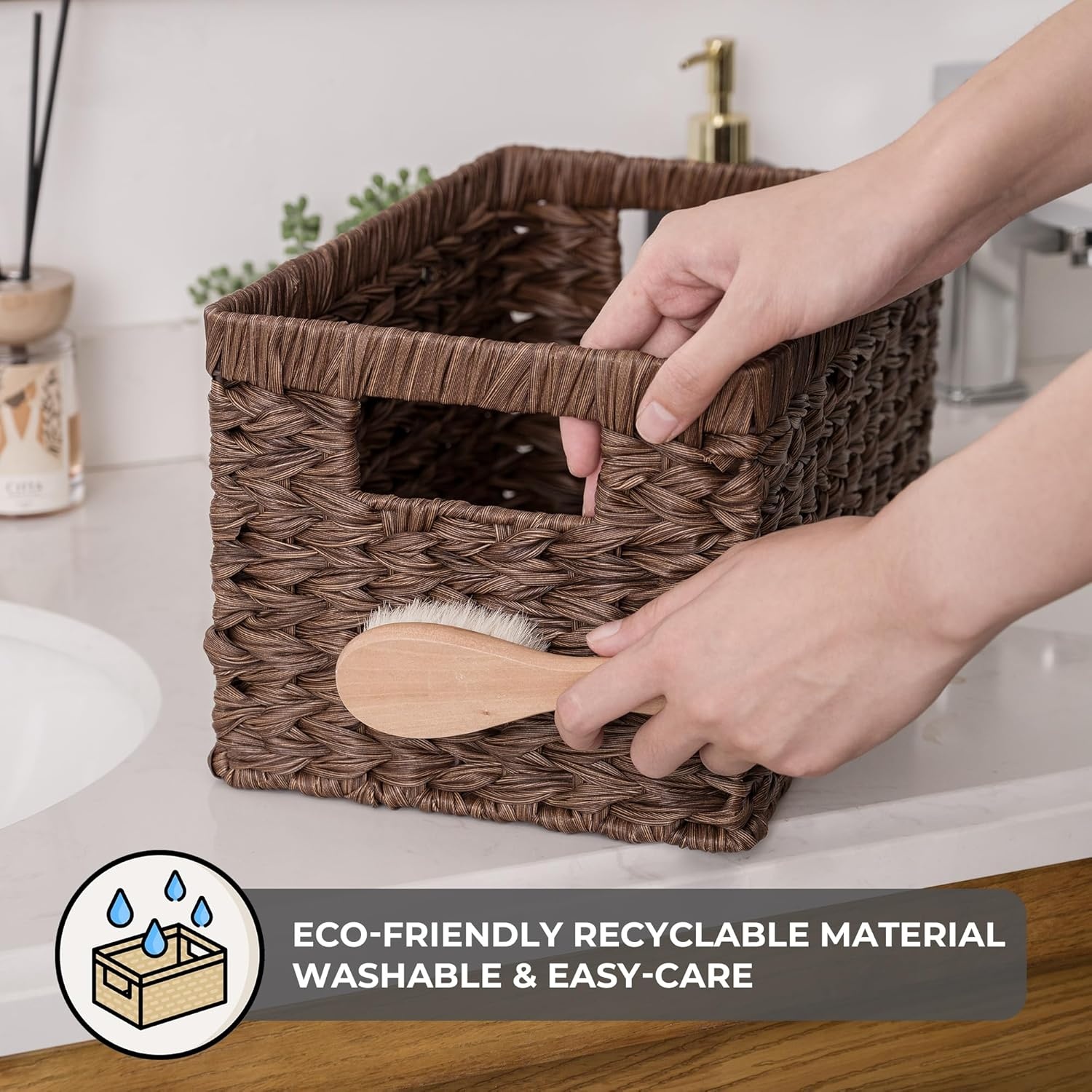 image:imageGRANNY SAYS Wicker Storage Baskets for Shelves Wicker Baskets for Organizing Waterproof Woven Basket for Pantry Rectangle Basket for Shelf Brown 2PackBrown