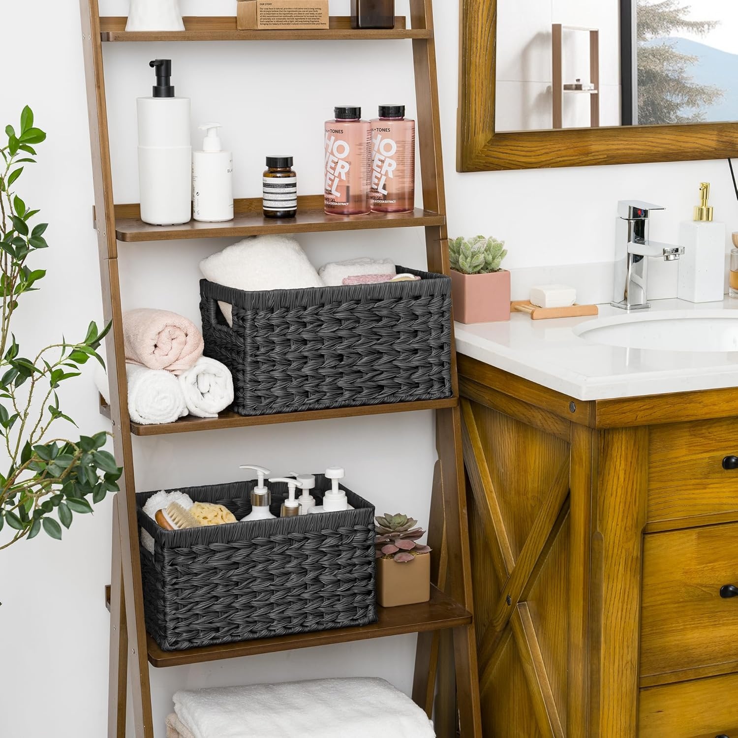 image:imageGRANNY SAYS Wicker Storage Baskets for Shelves Wicker Baskets for Organizing Waterproof Woven Basket for Pantry Rectangle Basket for Shelf Brown 2PackBlack