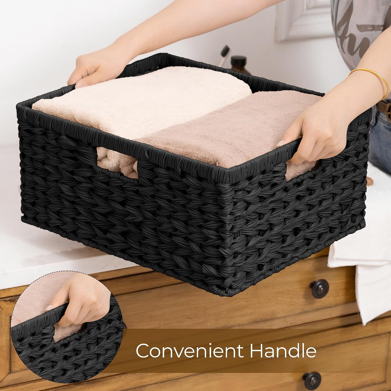 image:imageGRANNY SAYS Wicker Storage Baskets for Shelves Wicker Baskets for Organizing Waterproof Woven Basket for Pantry Rectangle Basket for Shelf Brown 2PackBlack