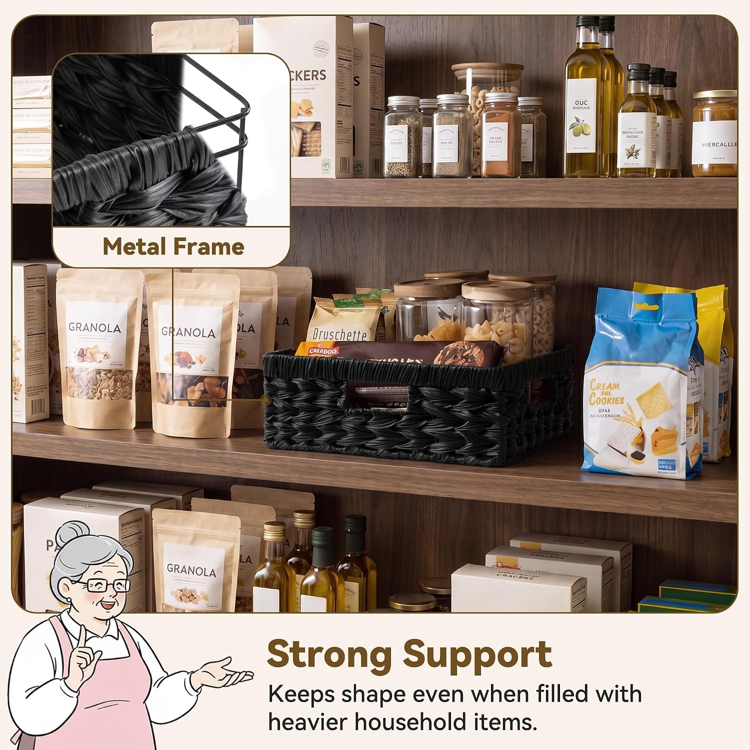 image:imageGRANNY SAYS Wicker Storage Baskets for Shelves Wicker Baskets for Organizing Waterproof Woven Basket for Pantry Rectangle Basket for Shelf Brown 2PackBlack