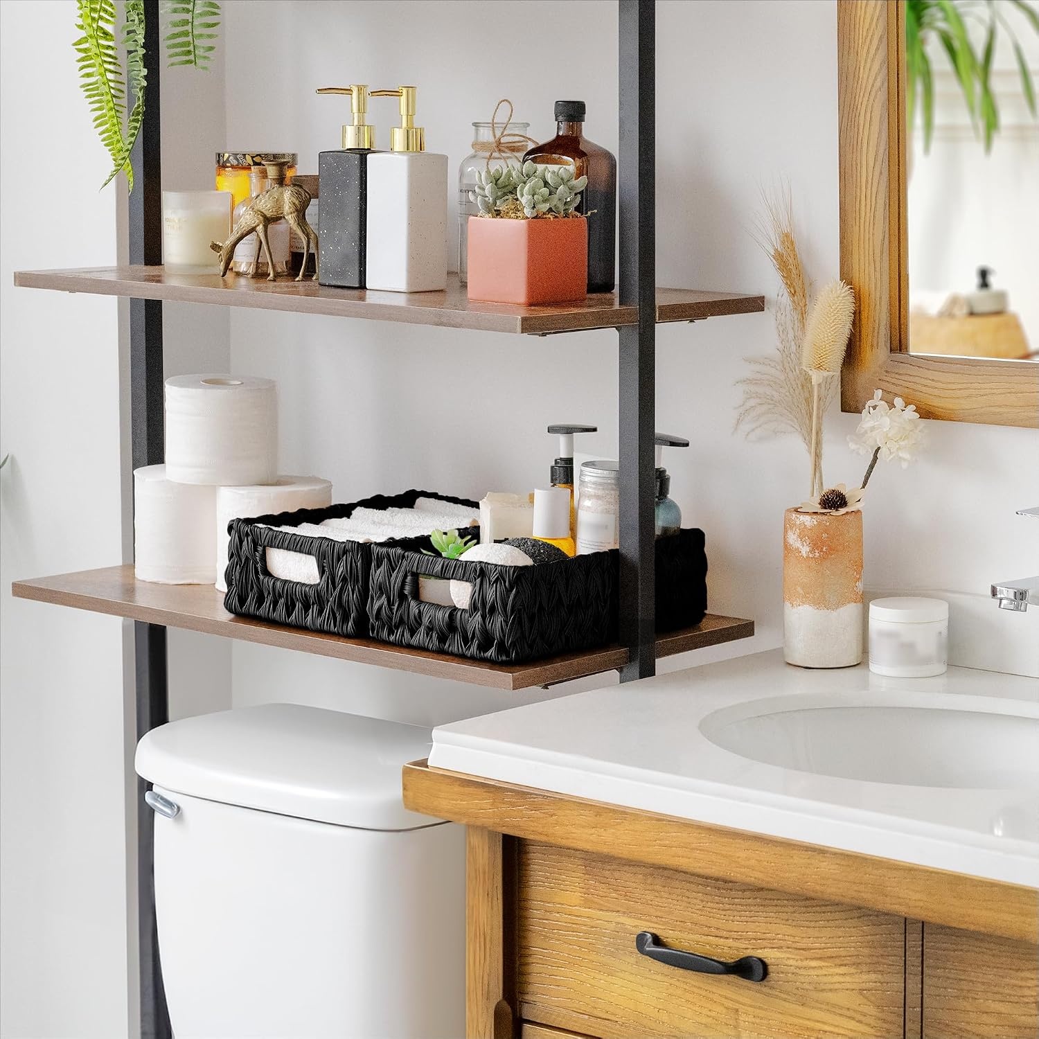 image:imageGRANNY SAYS Wicker Storage Baskets for Shelves Wicker Baskets for Organizing Waterproof Woven Basket for Pantry Rectangle Basket for Shelf Brown 2PackBlack
