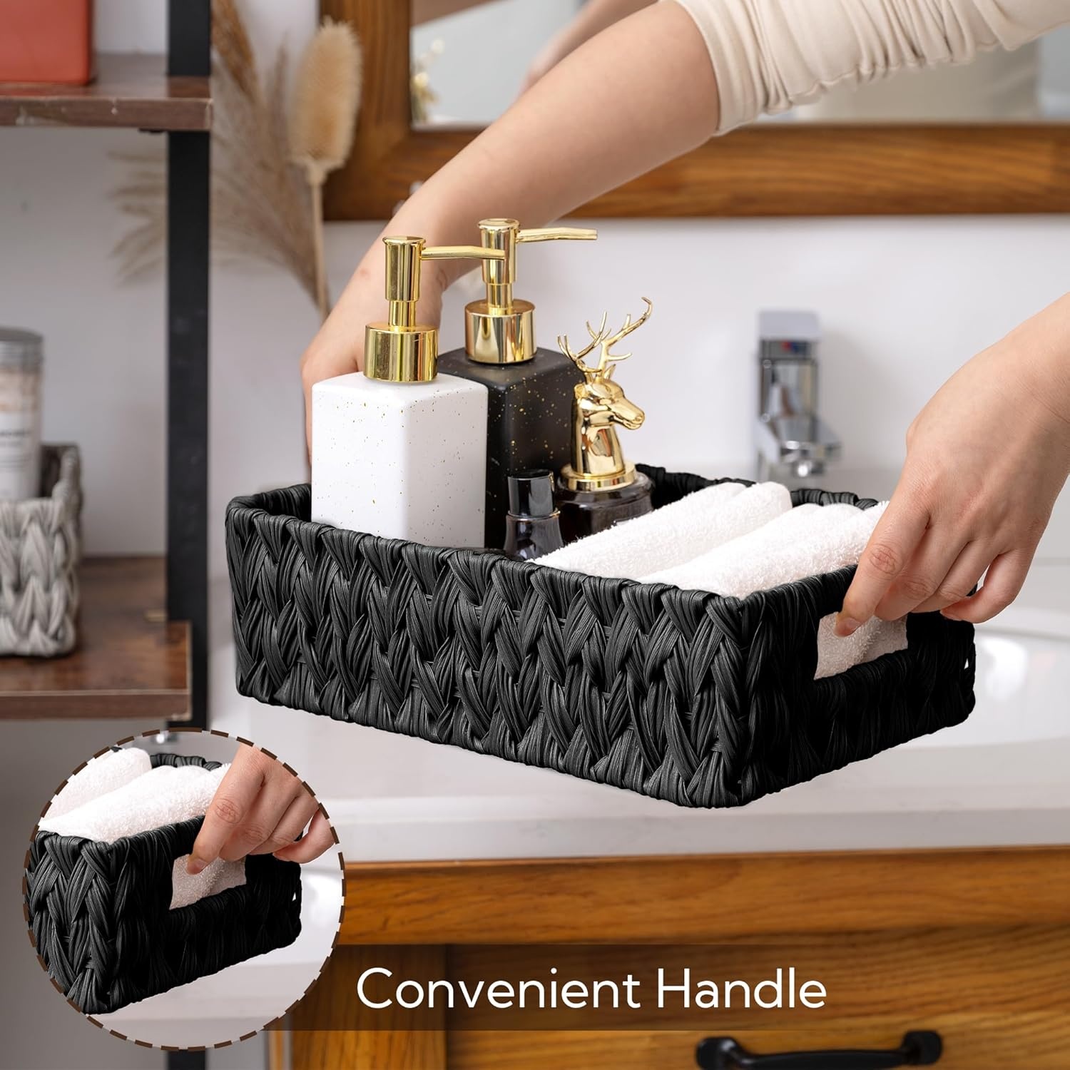 image:imageGRANNY SAYS Wicker Storage Baskets for Shelves Wicker Baskets for Organizing Waterproof Woven Basket for Pantry Rectangle Basket for Shelf Brown 2PackBlack