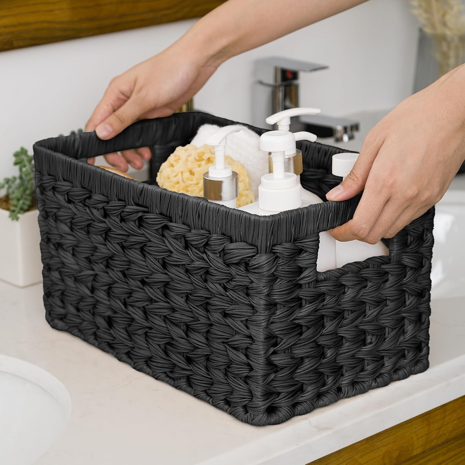 image:imageGRANNY SAYS Wicker Storage Baskets for Shelves Wicker Baskets for Organizing Waterproof Woven Basket for Pantry Rectangle Basket for Shelf Brown 2PackBlack
