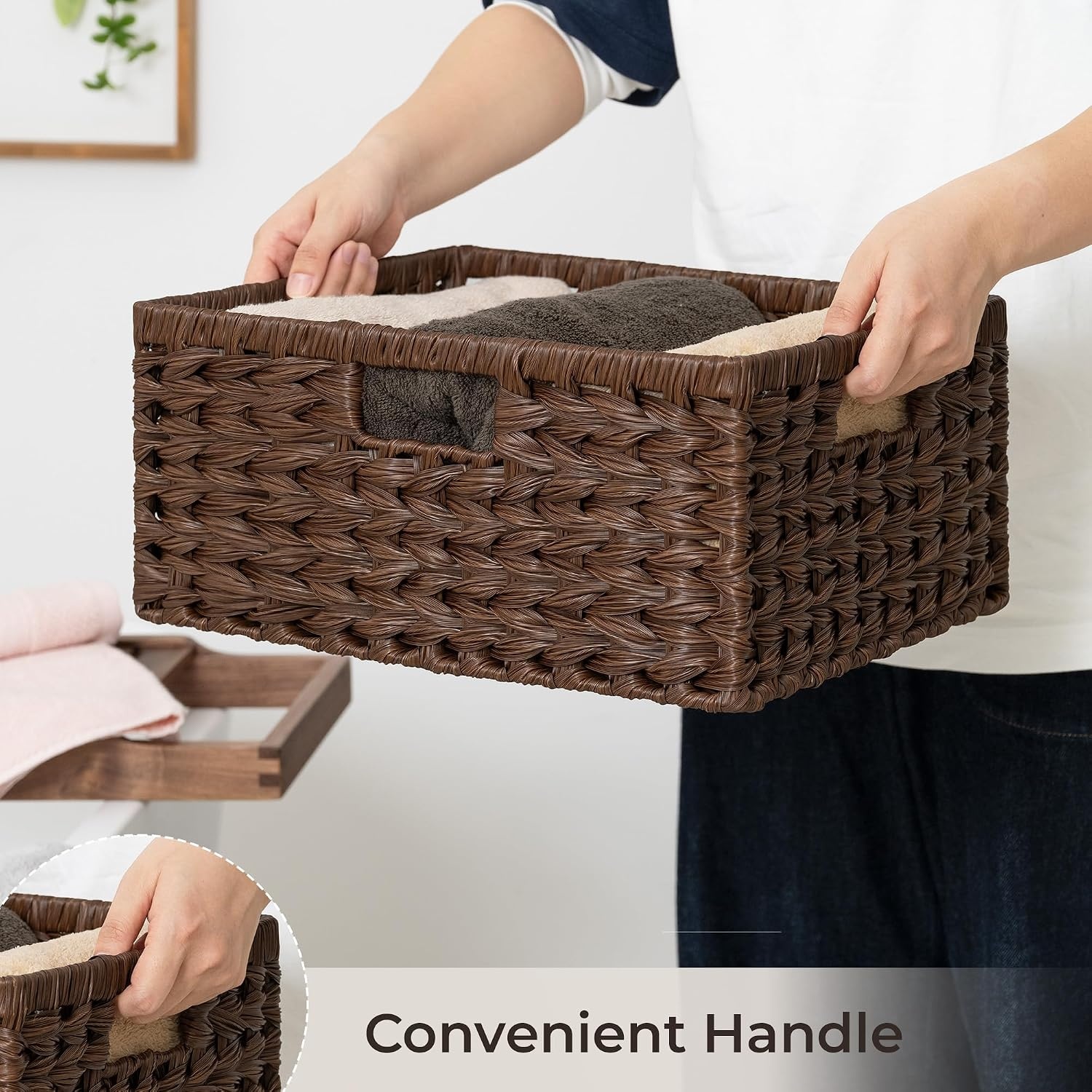 image:imageGRANNY SAYS Wicker Storage Baskets for Shelves Wicker Baskets for Organizing Waterproof Woven Basket for Pantry Rectangle Basket for Shelf Brown 2PackBrown