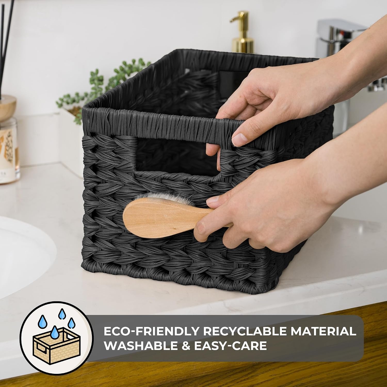 image:imageGRANNY SAYS Wicker Storage Baskets for Shelves Wicker Baskets for Organizing Waterproof Woven Basket for Pantry Rectangle Basket for Shelf Brown 2PackBlack