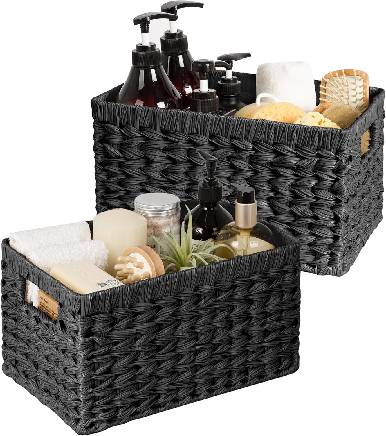 image:imageGRANNY SAYS Wicker Storage Baskets for Shelves Wicker Baskets for Organizing Waterproof Woven Basket for Pantry Rectangle Basket for Shelf Brown 2PackBlack