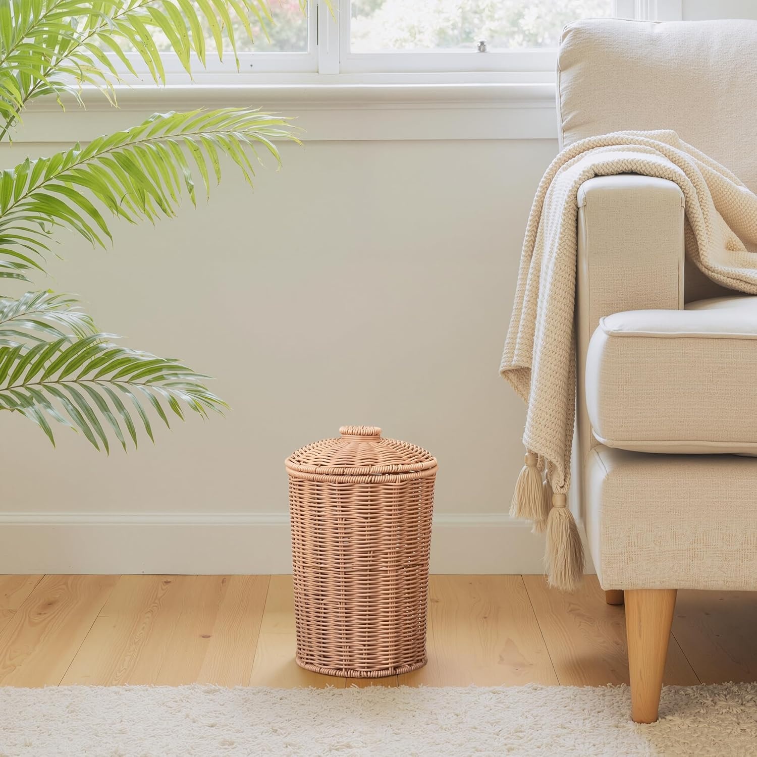 image:imageGRANNY SAYS Wicker Trash Can Waterproof Bathroom Trash Can Wicker Waste Basket for Bathroom Decorative Boho Waste Basket for Bedroom Office 15 Liters4 GallonsNude Color