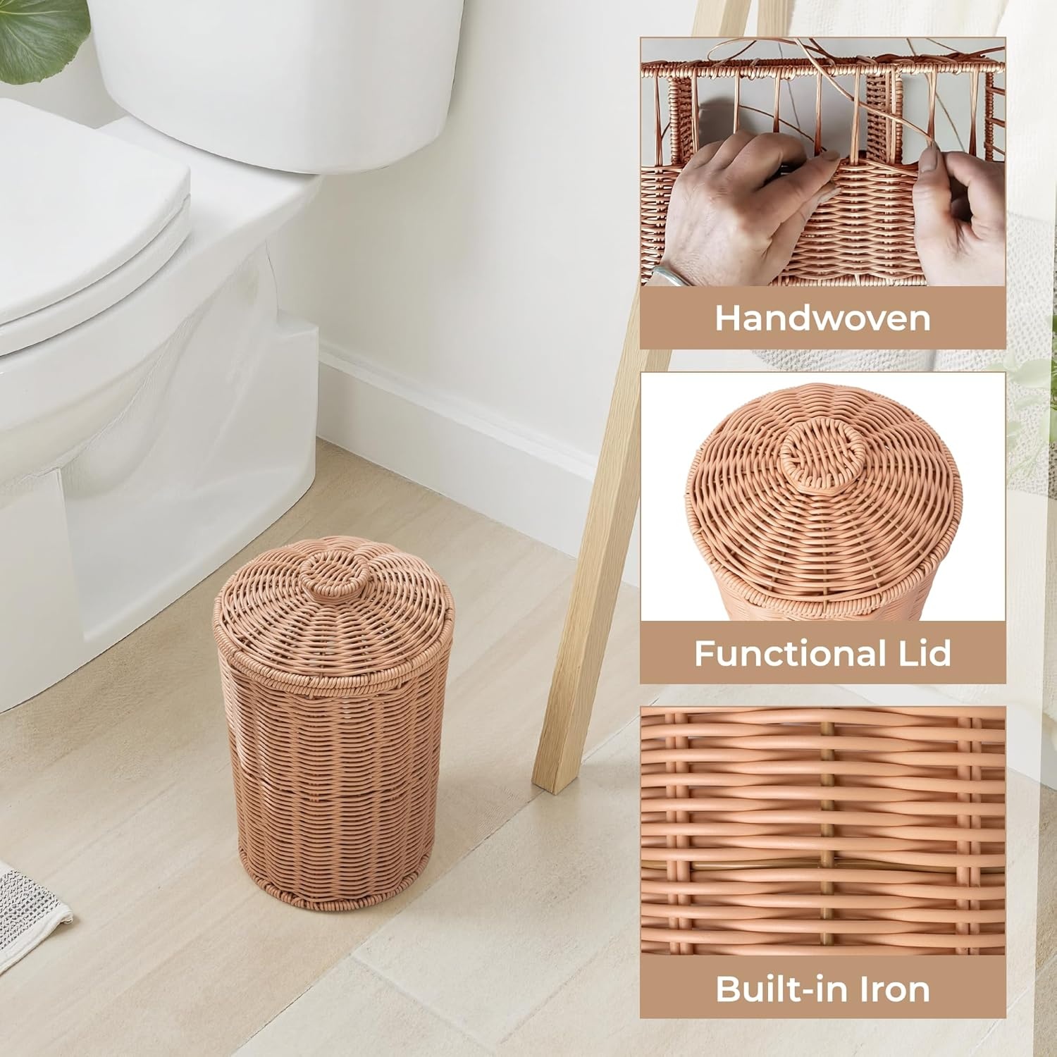 image:imageGRANNY SAYS Wicker Trash Can Waterproof Bathroom Trash Can Wicker Waste Basket for Bathroom Decorative Boho Waste Basket for Bedroom Office 15 Liters4 GallonsNude Color