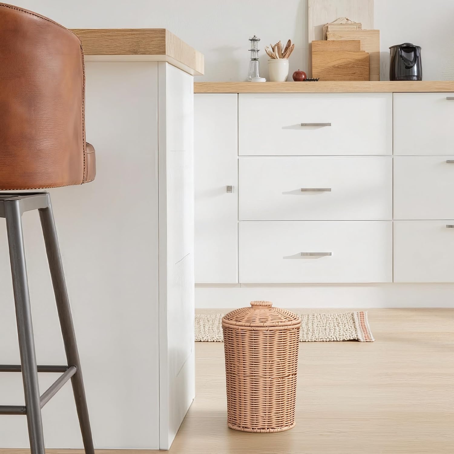 image:imageGRANNY SAYS Wicker Trash Can Waterproof Bathroom Trash Can Wicker Waste Basket for Bathroom Decorative Boho Waste Basket for Bedroom Office 15 Liters4 GallonsNude Color