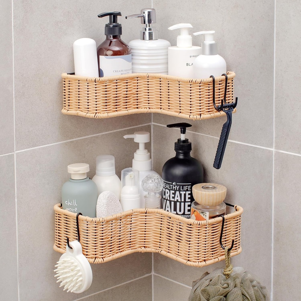 image:imageGRANNY SAYS 2 Pack Wicker Corner Shower Caddy Hanging Shower Shelf for Inside Showers Adhesive Shelves for Bathroom Organizers and Storage Bathroom Shelves Wall Mounted for Home Decor NaturalNatural