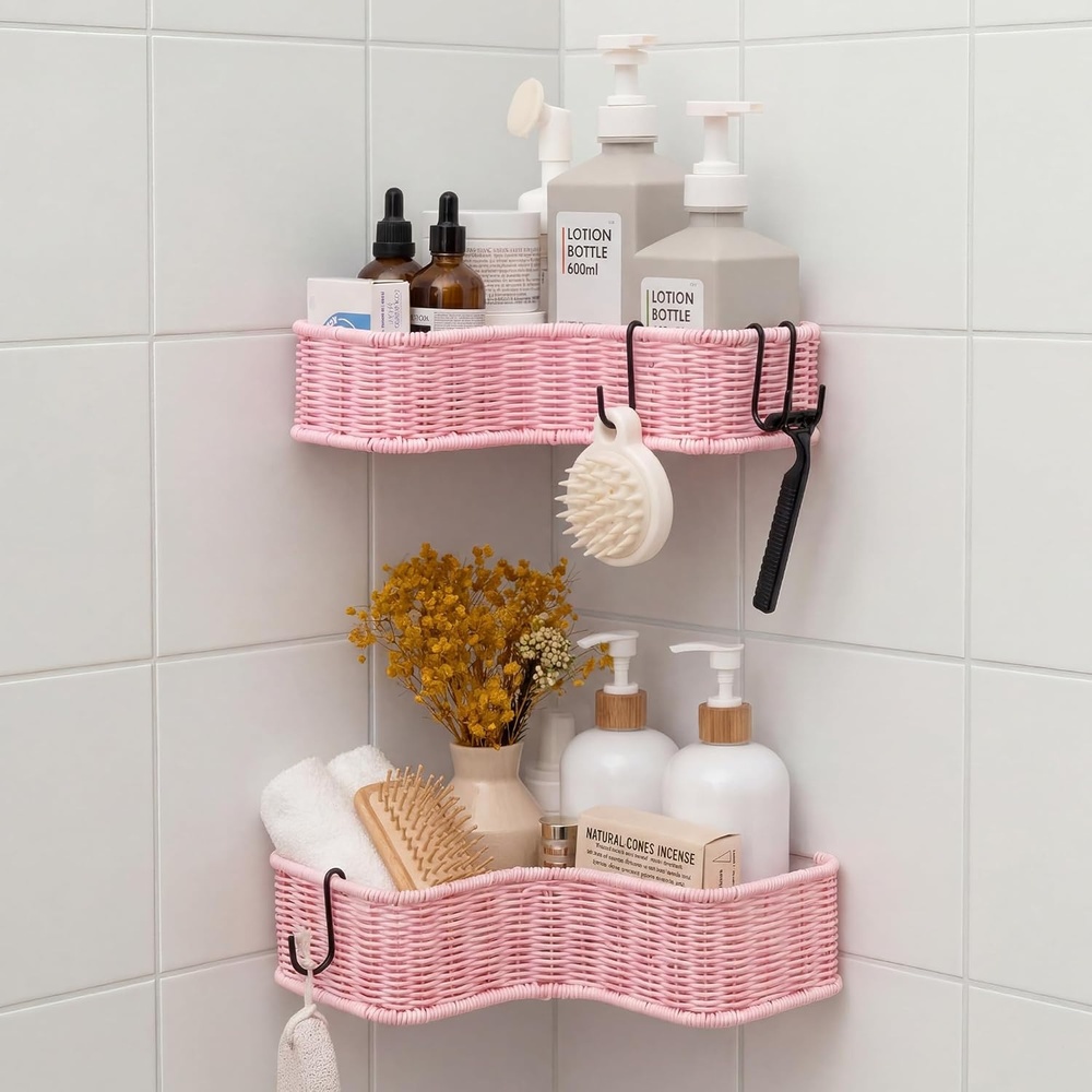 image:imageGRANNY SAYS 2 Pack Wicker Corner Shower Caddy Hanging Shower Shelf for Inside Showers Adhesive Shelves for Bathroom Organizers and Storage Bathroom Shelves Wall Mounted for Home Decor NaturalPink