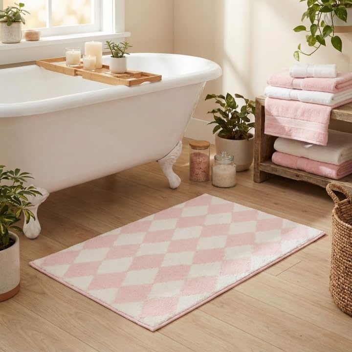 image:imageGRANNY SAYS Checkered Pink Bathroom Rugs Decor 24 x 16 Fluffy Rug Absorbent Microfiber Ultra Soft Bath Mat Washable NonSlip Bath Mats for Bathroom Cute Floor Mat for Tub Shower BedroomPinkrhombus