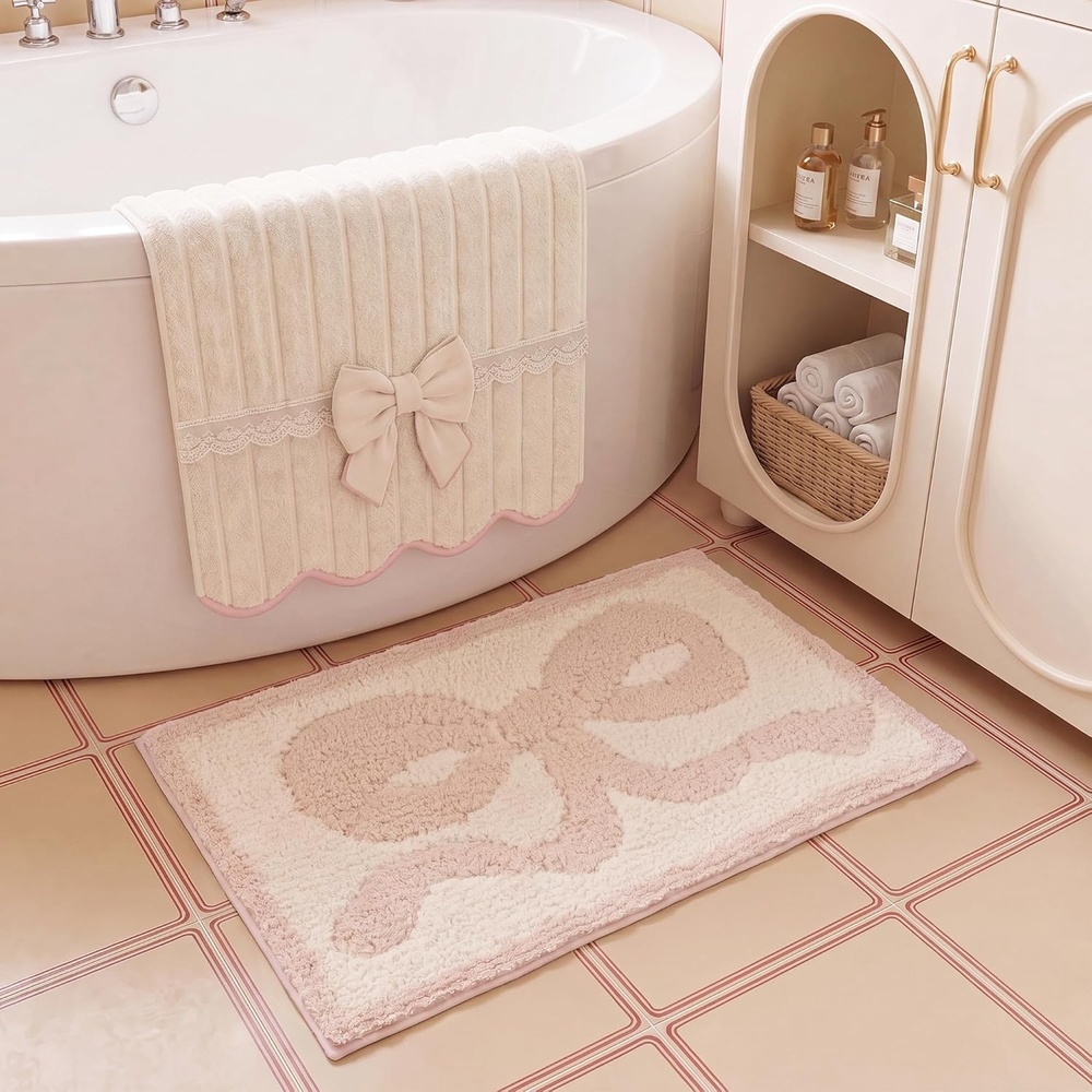 image:imageGRANNY SAYS Checkered Pink Bathroom Rugs Decor 24 x 16 Fluffy Rug Absorbent Microfiber Ultra Soft Bath Mat Washable NonSlip Bath Mats for Bathroom Cute Floor Mat for Tub Shower BedroomPink Bow