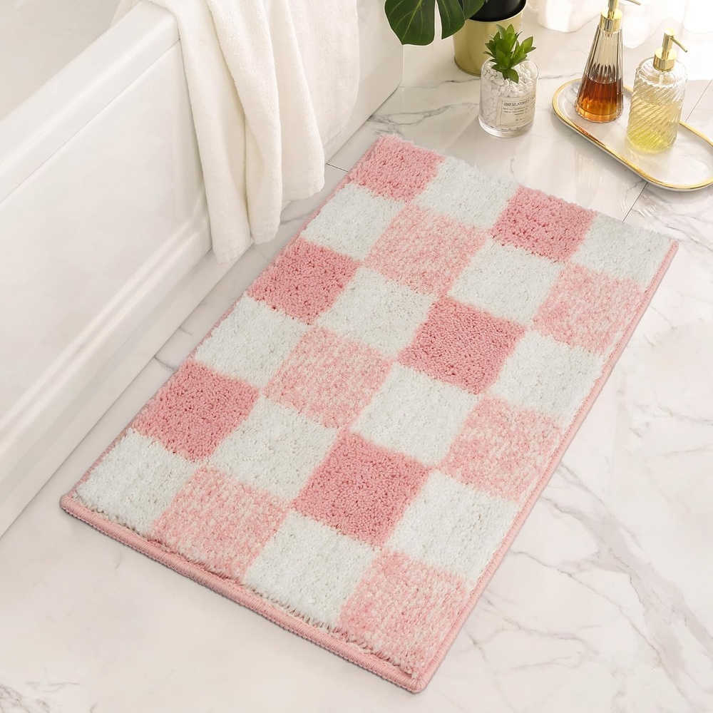 image:imageGRANNY SAYS Checkered Pink Bathroom Rugs Decor 24 x 16 Fluffy Rug Absorbent Microfiber Ultra Soft Bath Mat Washable NonSlip Bath Mats for Bathroom Cute Floor Mat for Tub Shower BedroomPink