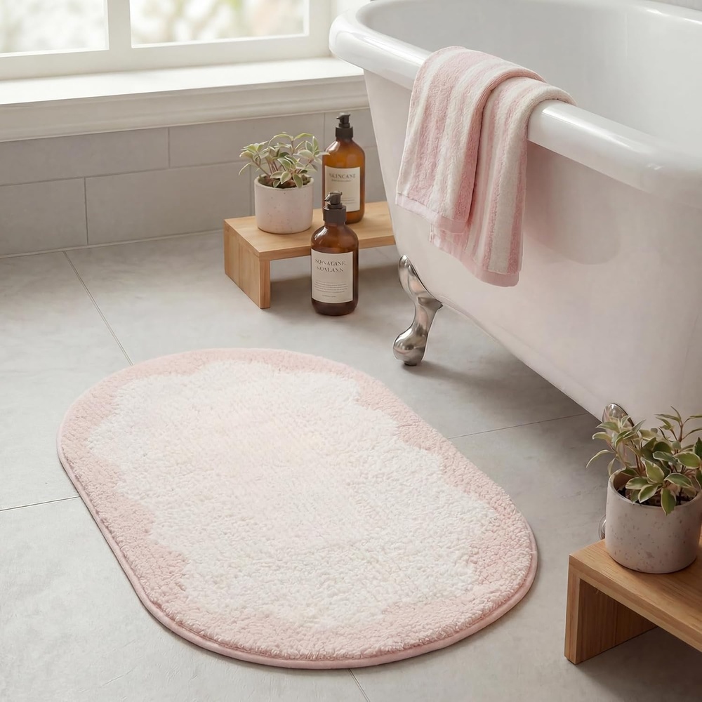 image:imageGRANNY SAYS Checkered Pink Bathroom Rugs Decor 24 x 16 Fluffy Rug Absorbent Microfiber Ultra Soft Bath Mat Washable NonSlip Bath Mats for Bathroom Cute Floor Mat for Tub Shower BedroomPinkoval