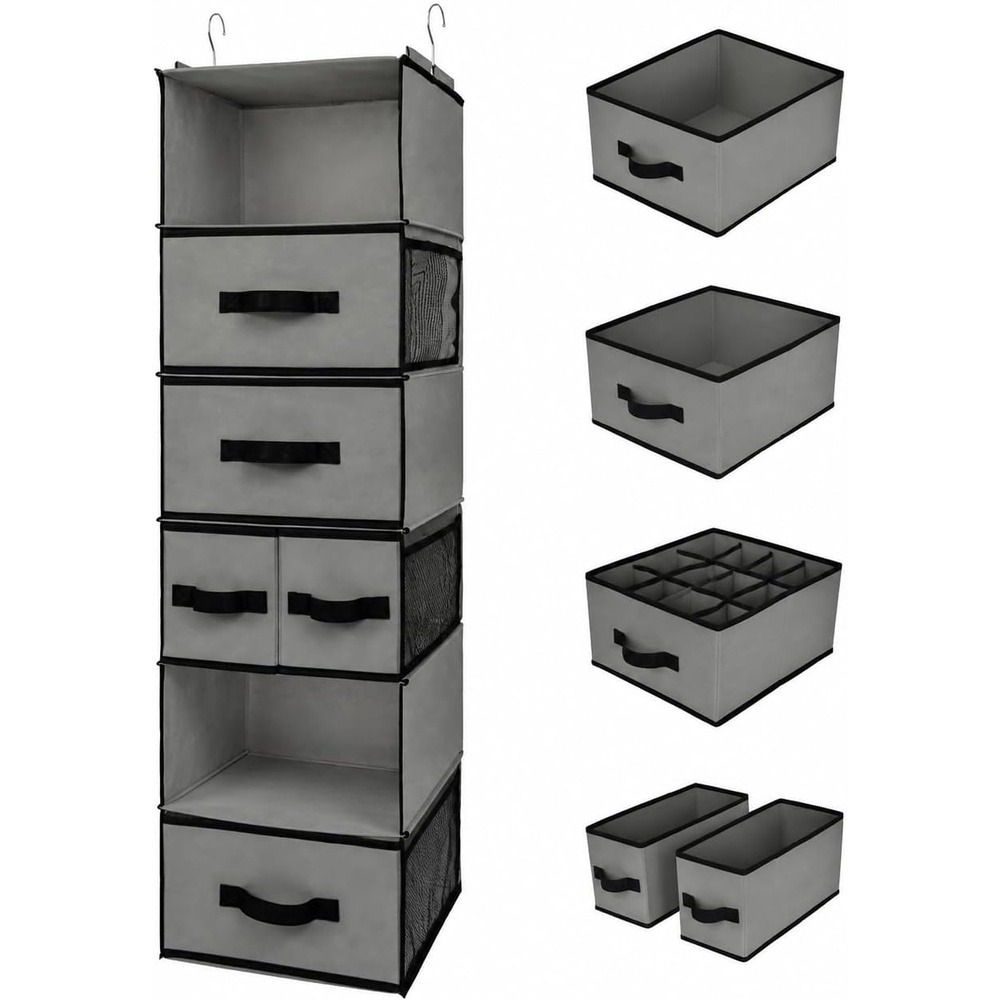 image:imageGRANNY SAYS Hanging Closet Organizer 6 Shelves Closet Organizers and Storage with 5 Drawers 6 Side Pockets Closet Hanging Organizer Hanging Storage Organizer for Closet Baby Clothes Gray6 Tier5 Drawersgrey
