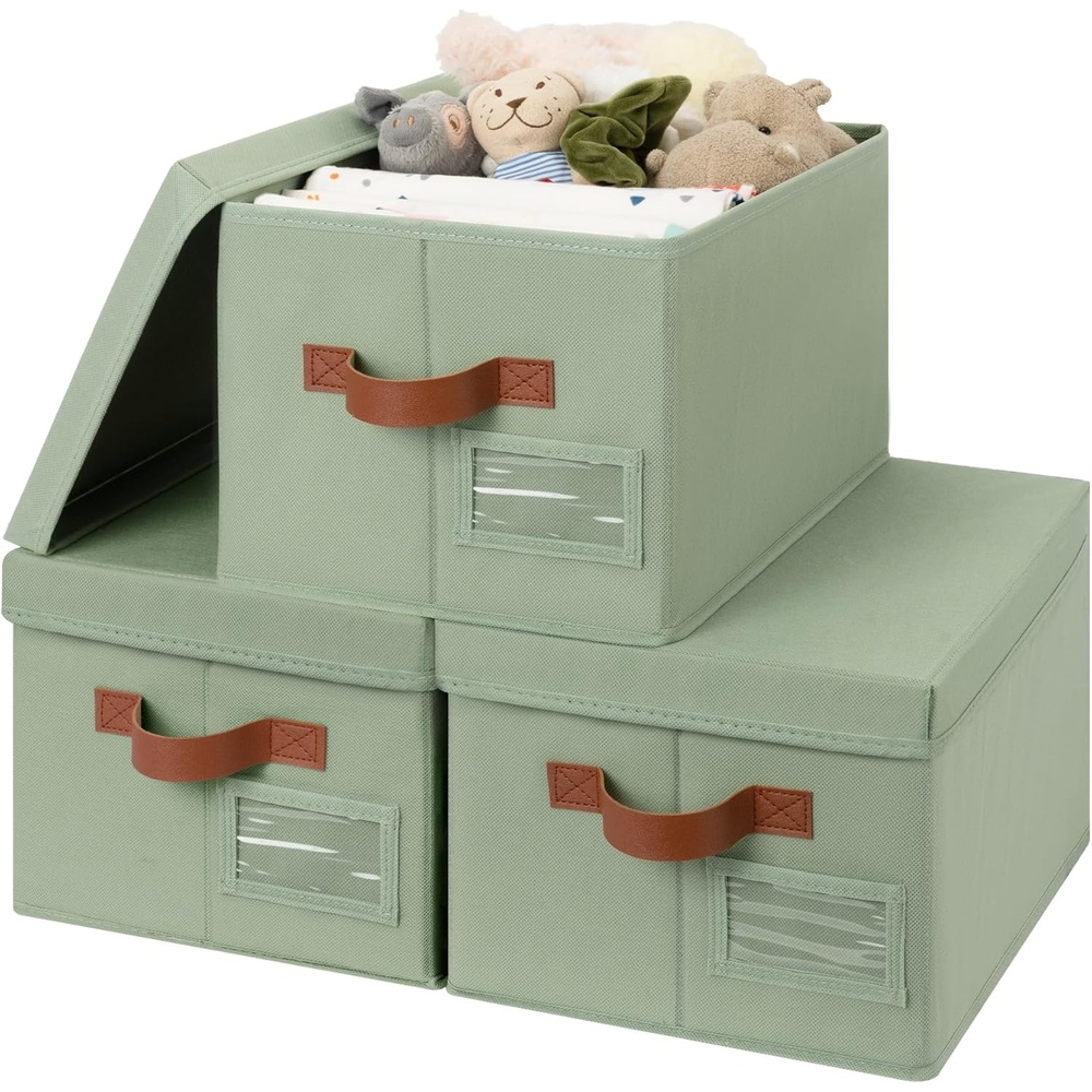 image:imageGRANNY SAYS Storage Basket with Lid Linen Fabric Storage Bins with Label Decorative Storage Boxes Clothes Storage and Organization Memory Keepsake Box 3Pack Medium KhakiampIvoryGreenBrown