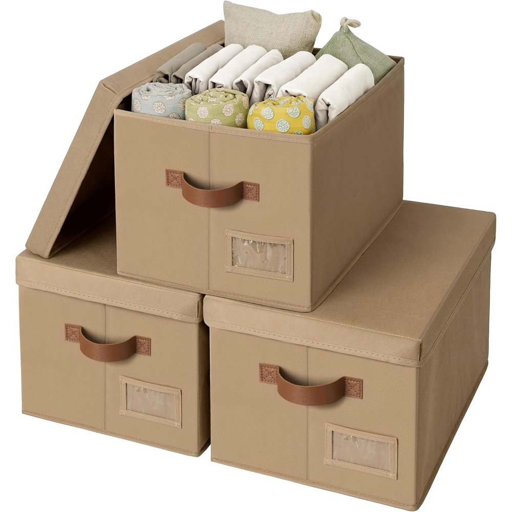 image:imageGRANNY SAYS Storage Basket with Lid Linen Fabric Storage Bins with Label Decorative Storage Boxes Clothes Storage and Organization Memory Keepsake Box 3Pack Medium KhakiampIvoryBrown