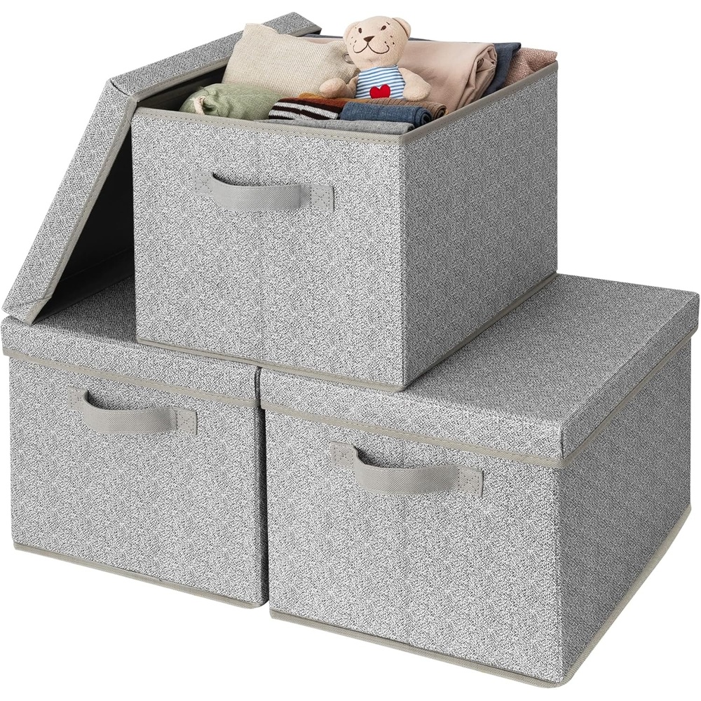 image:imageGRANNY SAYS Storage Basket with Lid Linen Fabric Storage Bins with Label Decorative Storage Boxes Clothes Storage and Organization Memory Keepsake Box 3Pack Medium KhakiampIvoryAsh Gray