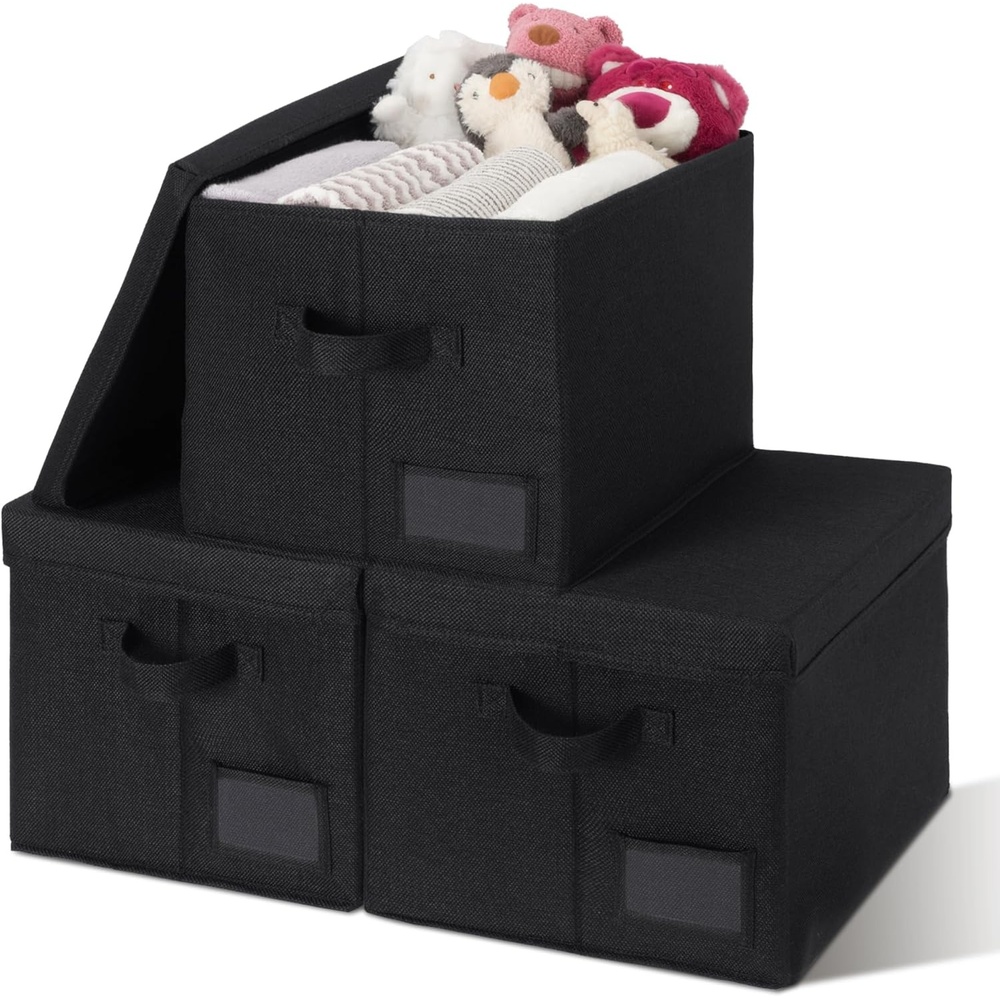 image:imageGRANNY SAYS Storage Basket with Lid Linen Fabric Storage Bins with Label Decorative Storage Boxes Clothes Storage and Organization Memory Keepsake Box 3Pack Medium KhakiampIvoryBlack