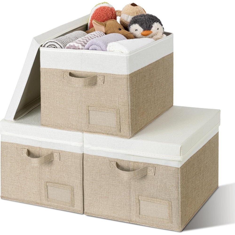 image:imageGRANNY SAYS Storage Basket with Lid Linen Fabric Storage Bins with Label Decorative Storage Boxes Clothes Storage and Organization Memory Keepsake Box 3Pack Medium KhakiampIvoryWhiteKhaki