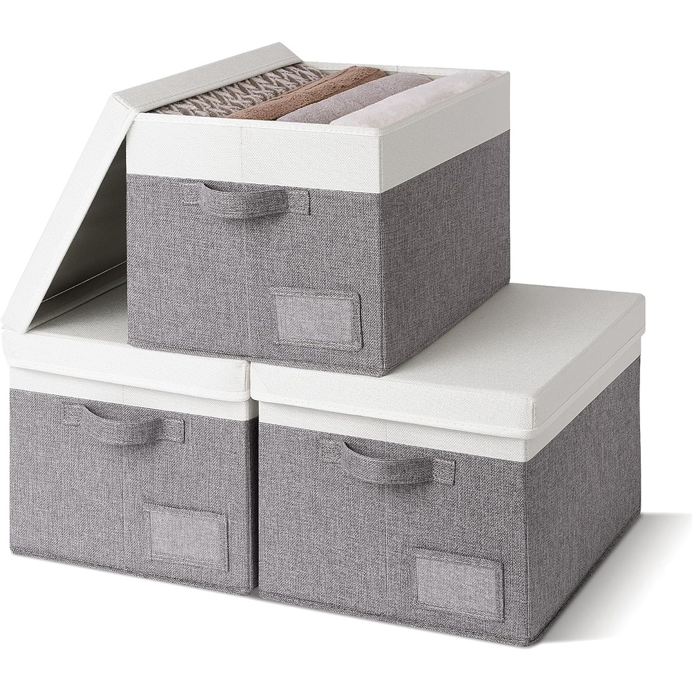 image:imageGRANNY SAYS Storage Basket with Lid Linen Fabric Storage Bins with Label Decorative Storage Boxes Clothes Storage and Organization Memory Keepsake Box 3Pack Medium KhakiampIvoryWhiteGray