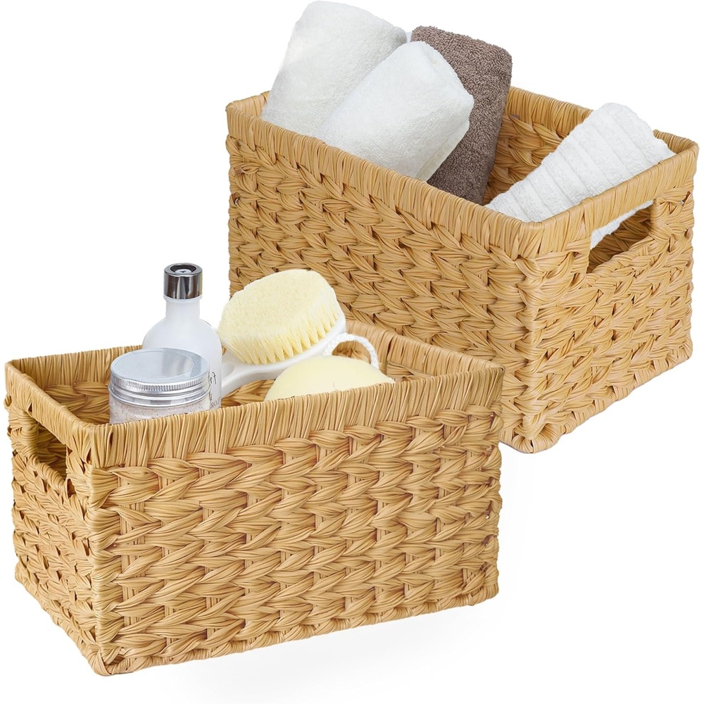 image:imageGRANNY SAYS Wicker Storage Baskets for Shelves Wicker Baskets for Organizing Waterproof Woven Basket for Pantry Rectangle Basket for Shelf Brown 2PackNatural