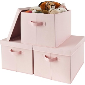image:imageGRANNY SAYS Storage Basket with Lid Linen Fabric Storage Bins with Label Decorative Storage Boxes Clothes Storage and Organization Memory Keepsake Box 3Pack Medium KhakiampIvoryPink