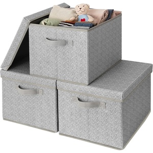 image:imageGRANNY SAYS Storage Basket with Lid Linen Fabric Storage Bins with Label Decorative Storage Boxes Clothes Storage and Organization Memory Keepsake Box 3Pack Medium KhakiampIvoryAsh Gray