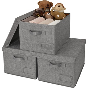 image:imageGRANNY SAYS Storage Basket with Lid Linen Fabric Storage Bins with Label Decorative Storage Boxes Clothes Storage and Organization Memory Keepsake Box 3Pack Medium KhakiampIvoryDark Gray